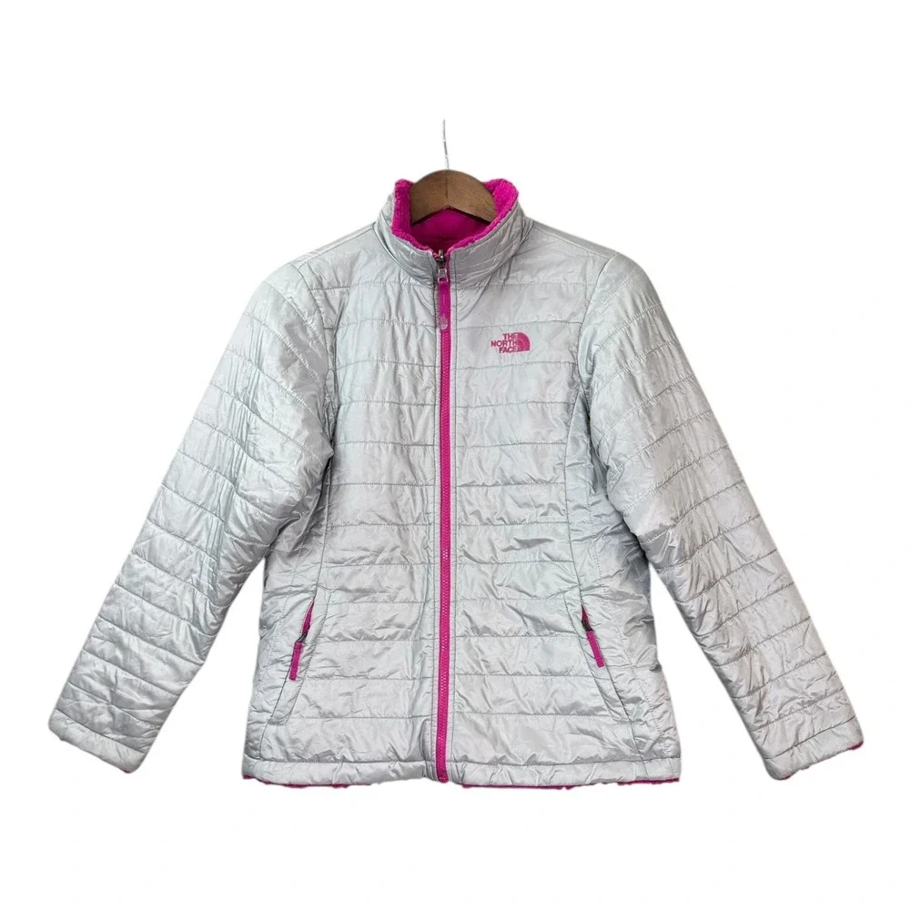The‎ North Face Girls Reversible Mossbud Swirl Jacket XL Pink Gray Fleece Puffer